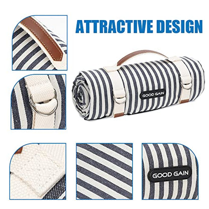 Navy Blue Striped Waterproof Portable Picnic Blanket with Carry Strap