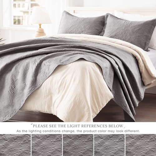 EXQ Home Quilt Set Full Queen Size Grey 3 Piece,Lightweight Soft Coverlet Flower Pattern Bedspread Set for All Season(1 Quilt,2 Pillow Shams)