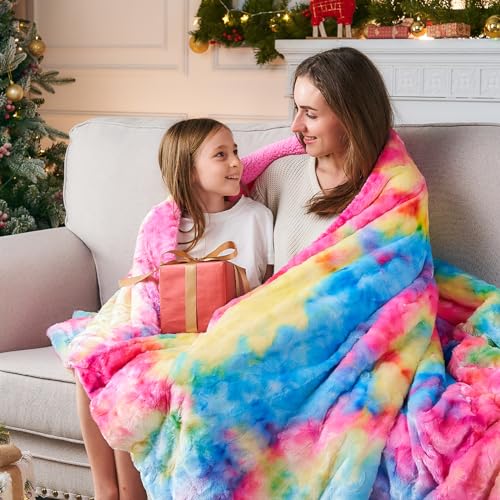 Y2K Rainbow Faux Fur Throw Blanket - Super Soft Faux Fur Throw Blanket Premium Sherpa Backing Warm and Cozy Throw Decorative for Bedroom Sofa Floor (Dark Rainbow, Throw(40"x50"))