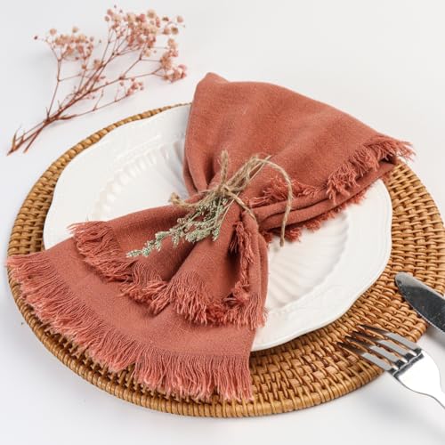 Dololoo Handmade Cloth Napkins with Fringe,18 x 18 Inches Cotton Linen Napkins Set of 4 Versatile Handmade Square Rustic Fringe Napkins for Dinner, Wedding and Parties, Rose