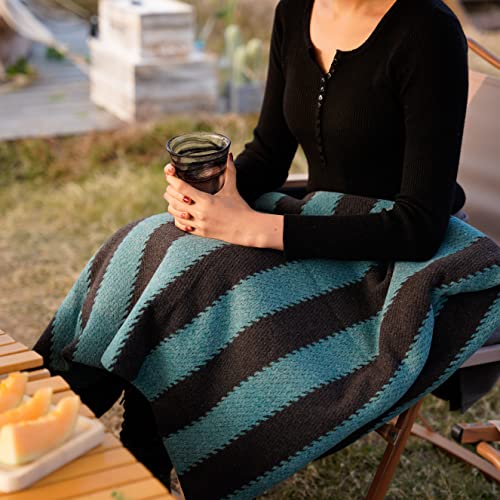 PuTian Merino Wool Blanket - 87" x 63" Thick Warm Soft Large Bed Throw - Great for Camping, Outdoors, Travel, Car, Couch, All Seasons Blue Stripe
