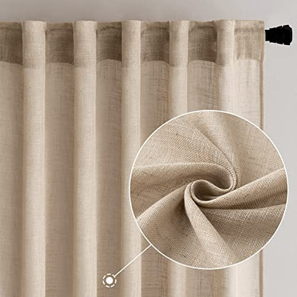 MIULEE Camel Beige Linen Curtains 84 Inch Length for Bedroom Living Room, Soft Thick Linen Textured Window Drapes Semi Sheer Light Filtering Back Tab Rod Pocket Burlap Look Farmhouse Decor, 2 Panels