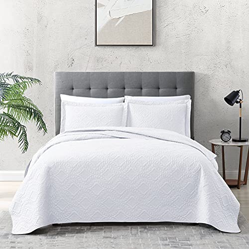 EXQ Home Quilt Set Full/Queen Size White 3 Piece,Lightweight Soft Coverlet Modern Style Wheat Pattern Bedspread Set(1 Quilt,2 Pillow Shams)