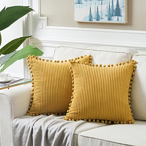 Fancy Homi Pack of 2 Mustard Yellow Fall Decorative Throw Pillow Covers 18x18 Inch with Pom-poms for Living Room Couch Bedroom, Soft Corduroy Solid Square Cushion Case 45x45 cm, Boho Home Decor