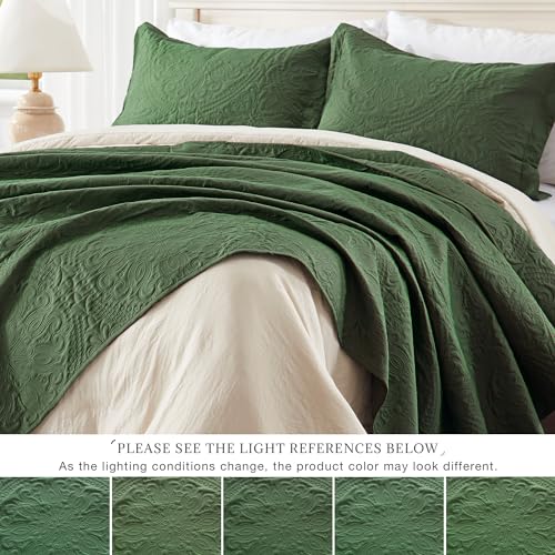 EXQ Home Quilt Set Full Queen Size Olive Green 3 Piece,Lightweight Soft Coverlet Flower Pattern Bedspread Set for All Season(1 Quilt,2 Pillow Shams)