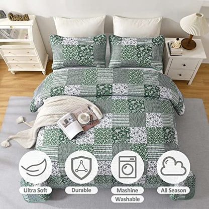 Boho Green Queen Quilt Set - 3-Piece Reversible Soft Plaid Floral Bedding Set with 2 Pillow Shams