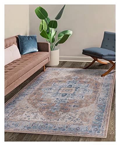 GLN Rugs Machine Washable Area Rug, Rugs for Living Room, Rugs for Bedroom, Bathroom Rug, Kitchen Rug, Printed Vintage Rug, Home Decor Traditional Carpet (Brown/Blue, 3' x 5'2")