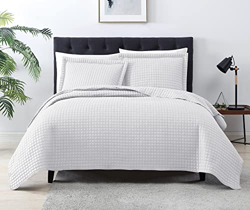 EXQ Home Quilt Set Full Queen Size White 3 Piece,Lightweight Soft Coverlet Plaid Pattern Bedspread Set for All Season(1 Quilt,2 Pillow Shams)