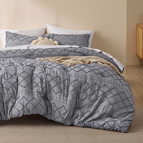 Bedsure Queen Comforter Set - Grey Comforter, Boho Tufted Shabby Chic Bedding Comforter Set, 3 Pieces Vintage Farmhouse Bed Set for All Seasons, Fluffy Soft Bedding Set with 2 Pillow Shams