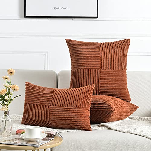 Fancy Homi 2 Packs Rust Boho Decorative Throw Pillow Covers 18x18 Inch for Couch Bed Sofa, Farmhouse Fall Home Decor, Soft Corss Corduroy Patchwork Textured Terracotta Accent Cushion Case 45x45 cm