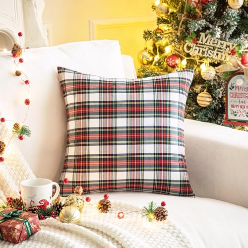 AQOTHES Pack of 2 Christmas Plaid Decorative Throw Pillow Covers Scottish Tartan Cushion Case for Farmhouse Home Holiday Decor Red and White, 18 x 18 Inches