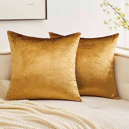 MIULEE Pack of 2 Velvet Soft Solid Decorative Square Throw Pillow Covers Set Cushion Case for Sofa Bedroom Couch 18 x 18 Inch Dark Gold