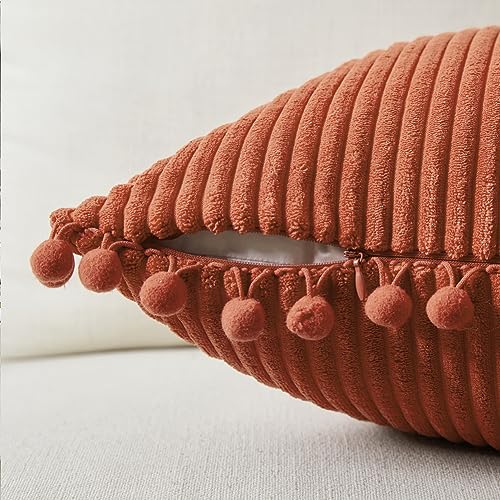 Fancy Homi Pack of 2 Burnt Orange Decorative Throw Pillow Covers 18x18 Inch with Pom-poms for Couch Bed Living Room Bedroom, Soft Corduroy Solid Square Cushion Case 45x45 cm, Boho Fall Home Decor