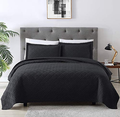 EXQ Home Quilt Set Full Queen Size Black 3 Piece,Lightweight Soft Coverlet Modern Style Squares Pattern Bedspread Set for All Season(1 Quilt,2 Pillow Shams)