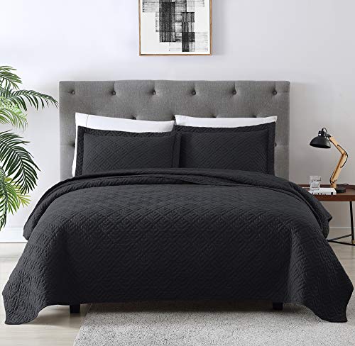 EXQ Home Quilt Set Full Queen Size Black 3 Piece,Lightweight Soft Coverlet Modern Style Squares Pattern Bedspread Set for All Season(1 Quilt,2 Pillow Shams)