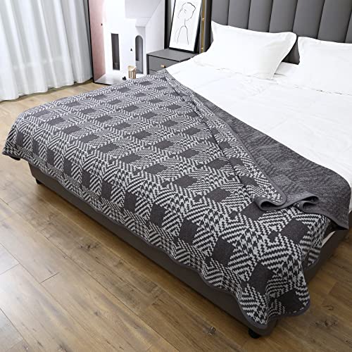 PuTian Merino Wool Blanket - 63" x 51" Thick Warm Soft Twin Bed Throw - Great for Camping, Outdoors, Travel, Car, Couch, All Seasons Houndstooth Grey