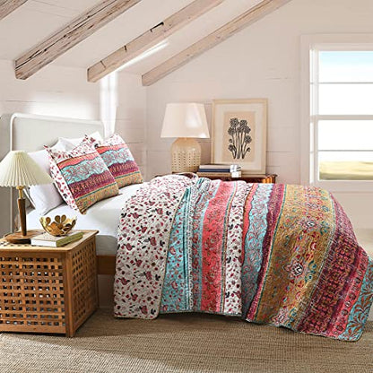 Boho Style Queen Quilt Set Reversible Bohemian Floral Strip Quilt Beddding Set, Soft and Lightweight Bedspread for All Season, Full Size Bed Coverlet with 2 Matching Pillow Shams (3 Pieces)