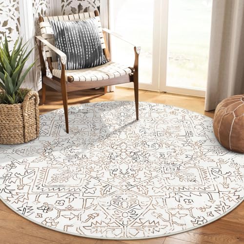 Lahome Boho Washable Circle Rug, Small Round Rugs 5ft for Living Room Farmhouse Soft Round Bedroom Kitchen Rug, Bohemian Non Slip Non-Shedding Dining Room Rugs for Under Table Office, Khaki/White