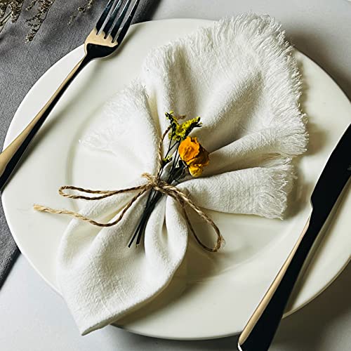 Dololoo Handmade Cloth Napkins with Fringe,18 x 18 Inches Cotton Linen Napkins Set of 4 Versatile Handmade Square Rustic Fringe Napkins for Dinner, Wedding and Parties, White