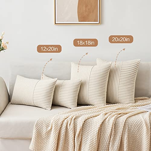 MIULEE Khaki and Beige Patchwork Farmhouse Pillow Covers 18x18 Inch, Pack of 2 Striped Linen Decorative Modern Accent Pillow Cases for Sofa Couch Bedroom