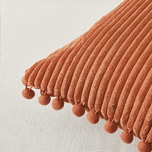 Fancy Homi Pack of 2 Rust Fall Decorative Throw Pillow Covers 18x18 Inch with Pom-poms for Living Room Couch Bedroom, Soft Corduroy Terracotta Solid Square Cushion Case 45x45 cm, Boho Home Decor
