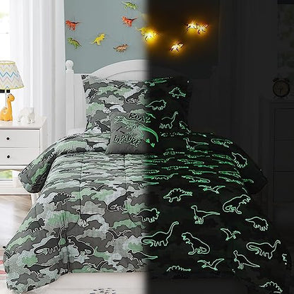 Kaleido Space KALEIDOSPACE Kids Comforter Set Twin Size for Boys, Glow in The Dark Dinosaur Bedding Set Twin-1 Twin Comforter, 1 Decor Pillow, 1 Pillow Sham