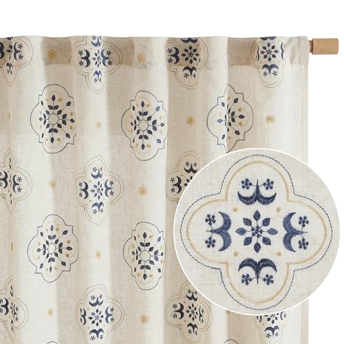 JINCHAN Linen Curtains 84 Inch Long Embroidery Floral Country Farmhouse Curtains for Living Room Rustic Rod Pocket Back Tab Light Filtering Window Curtains Drapes Blue Bedroom Curtains, 2 Panels 55"W