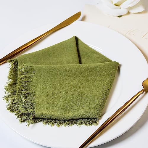 Dololoo Handmade Cloth Napkins with Fringe,18 x 18 Inches Cotton Linen Napkins Set of 4 Versatile Handmade Square Rustic Fringe Napkins for Dinner, Wedding and Parties, Apple Green
