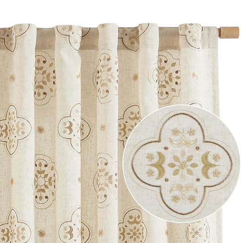 JINCHAN Linen Curtains 84 Inch Long Embroidery Floral Country Farmhouse Curtains for Living Room Rustic Rod Pocket Back Tab Light Filtering Window Curtains Drapes Taupe Bedroom Curtains, 2 Panels 55"W