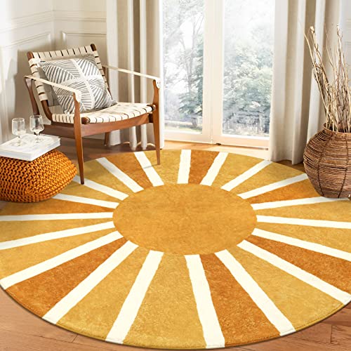 Lahome Boho Round Area Rug - 5Ft Machine Washable Soft Round Bedroom Rugs Non-Slip Throw Round Rugs for Living Room, Cute Rainbow Sun Print Circle Rugs for Office Dining Room Nursery Kids Classroom