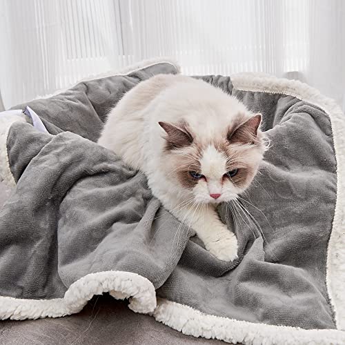 Qeils Pet Blankets for Cats - Waterproof Cat Blanket Washable - Sherpa Fleece Puppy Blanket, Soft Plush Reversible Throw Protector for Bed Couch Car Sofa, 25"X30", Grey