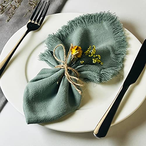 Dololoo Handmade Cloth Napkins with Fringe,18 x 18 Inches Cotton Linen Napkins Set of 4 Versatile Handmade Square Rustic Fringe Napkins for Dinner, Wedding and Parties, Sage Green