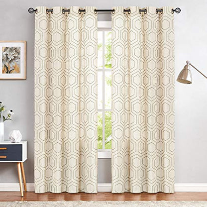 jinchan Green Window Curtains Linen Textured Curtains 84 Inch Long Honeycomb Embroidered Design Living Room Curtain Drapes Bedroom Bronze Grommet Window Treatment Set 2 Panels