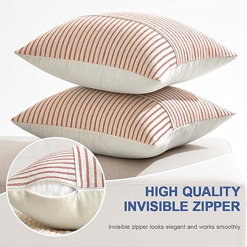 MIULEE Red and Beige Patchwork Farmhouse Pillow Covers 18x18 Inch, Pack of 2 Striped Linen Decorative Modern Accent Pillow Cases for Sofa Couch Bedroom