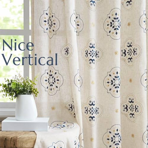JINCHAN Linen Curtains 84 Inch Long Embroidery Floral Country Farmhouse Curtains for Living Room Rustic Rod Pocket Back Tab Light Filtering Window Curtains Drapes Blue Bedroom Curtains, 2 Panels 55"W