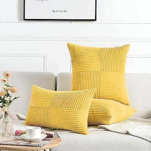 Fancy Homi 2 Packs Yellow Decorative Throw Pillow Covers 18x18 Inch for Living Room Couch Bed, Rustic Farmhouse Boho Home Decor, Soft Corss Corduroy Patchwork Textured Square Cushion Case 45x45 cm