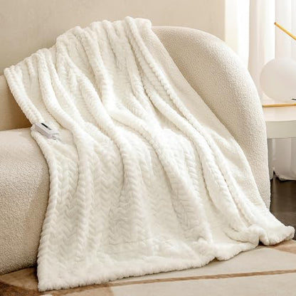 White Soft Faux Fur Electric Throw, Heated Sherpa Blanket - 50x60 inches