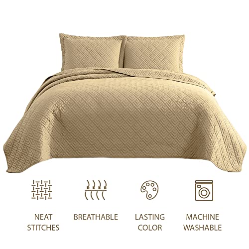 EXQ Home Quilt Set Full/Queen Size Camel 3 Piece,Lightweight Soft Coverlet Modern Style Squares Pattern Bedspread Set for All Season(1 Quilt,2 Pillow Shams)