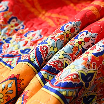 Boho Quilt Throw Blanket - Lightweight Microfiber Red, Orange and Blue Striped Floral