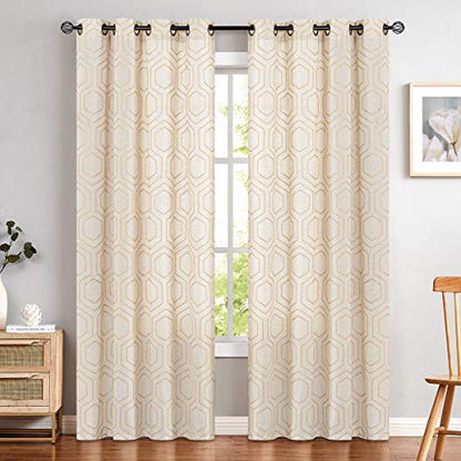 jinchan Yellow Window Curtains Linen Textured Curtains 84 Inch Long Honeycomb Embroidered Design Living Room Curtain Drapes Bedroom Bronze Grommet Window Treatment Set 2 Panels
