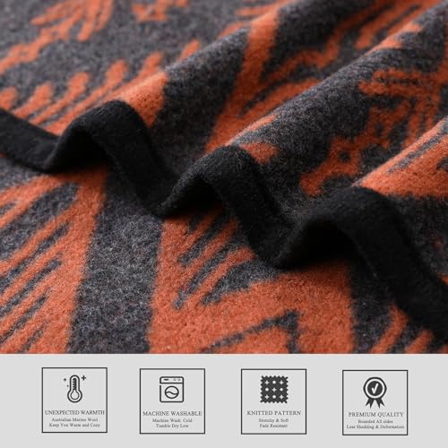 PuTian Merino Wool Blanket - 4 lbs Warm, Thick, Washable, Large 87" x 63" Throw for Outdoors, Camping,Couch, Bed, Travel-Super Soft Wool Blanket- Bohemia Orange