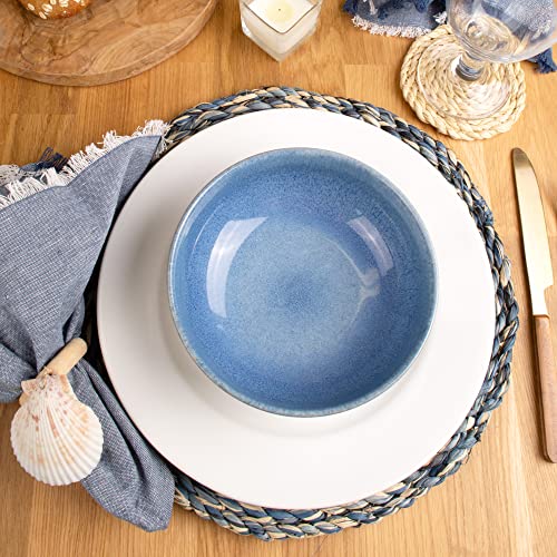 KAZI Essentials Boho Round Woven Placemats – Set of 6, Natural Wicker Twisted Raffia Placemats, Straw Braided Heat Resistant Non-Slip Weave, Eco-Friendly Handmade by African Artisans (13" Round, Blue)