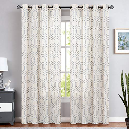 jinchan Blue Window Curtains Linen Textured Curtains 84 Inch Long Honeycomb Embroidered Design Living Room Curtain Drapes Bedroom Bronze Grommet Window Treatment Set 2 Panels