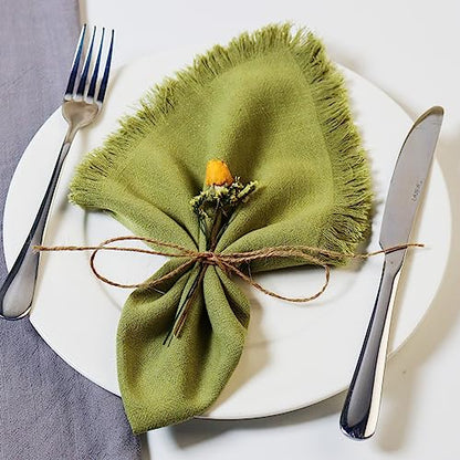 Dololoo Handmade Cloth Napkins with Fringe,18 x 18 Inches Cotton Linen Napkins Set of 4 Versatile Handmade Square Rustic Fringe Napkins for Dinner, Wedding and Parties, Apple Green