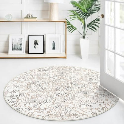 Lahome Boho Washable Circle Rug, Small Round Rugs 5ft for Living Room Farmhouse Soft Round Bedroom Kitchen Rug, Bohemian Non Slip Non-Shedding Dining Room Rugs for Under Table Office, Khaki/White