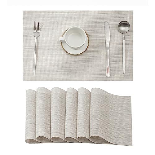 Leetaltree Beige White Placemats Set of 6 - Heat Resistant Non-Slip Place mats for Dining Table, Washable Durable PVC Vinyl Woven Table Mats（Beige White, 6）