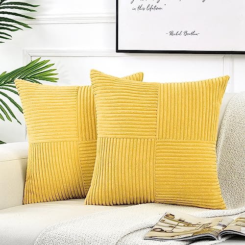 Fancy Homi 2 Packs Yellow Decorative Throw Pillow Covers 18x18 Inch for Living Room Couch Bed, Rustic Farmhouse Boho Home Decor, Soft Corss Corduroy Patchwork Textured Square Cushion Case 45x45 cm
