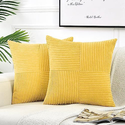 Fancy Homi 2 Packs Yellow Decorative Throw Pillow Covers 18x18 Inch for Living Room Couch Bed, Rustic Farmhouse Boho Home Decor, Soft Corss Corduroy Patchwork Textured Square Cushion Case 45x45 cm