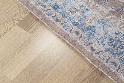 GLN Rugs Machine Washable Area Rug, Rugs for Living Room, Rugs for Bedroom, Bathroom Rug, Kitchen Rug, Printed Vintage Rug, Home Decor Traditional Carpet (Brown/Blue, 3' x 5'2")