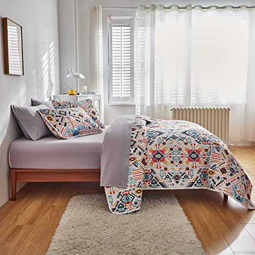 Geometric Boho Full Queen Quilt Set in Citrus and Aqua